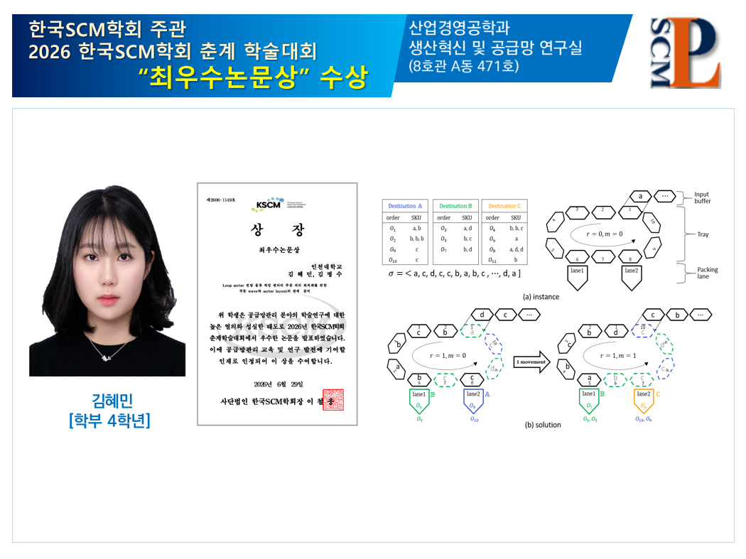산업경영공학과 생산혁신 및 공급망 연구실 학부연구생 김혜민 2026 한국SCM학회 춘계 학술대회 <최우수논문상> 수상 대표이미지